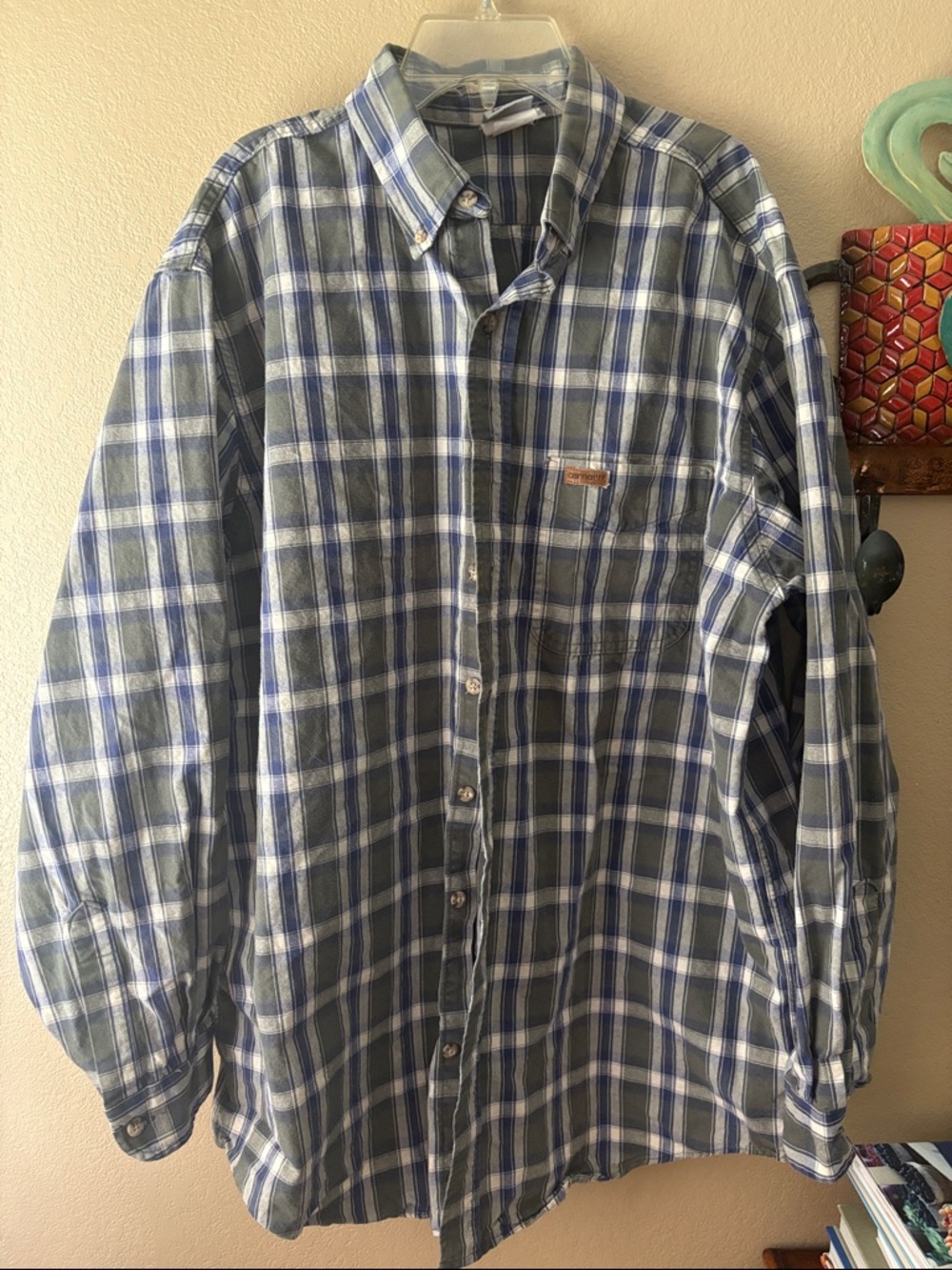 Men's Carhartt Blue Green and White Plaid Button-Up Shirt - Classic Vintage